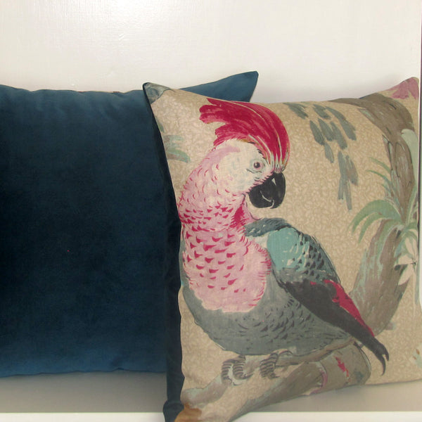 Conservatory parrot cushion cover, velvet reverse