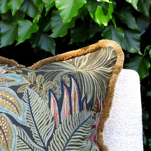 Jungle Room embroidered cushion cover with fringe