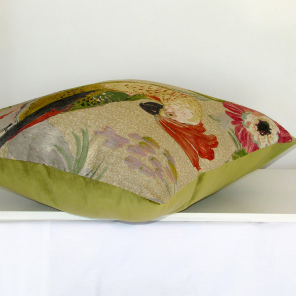 Conservatory parrot cushion cover, moss velvet reverse