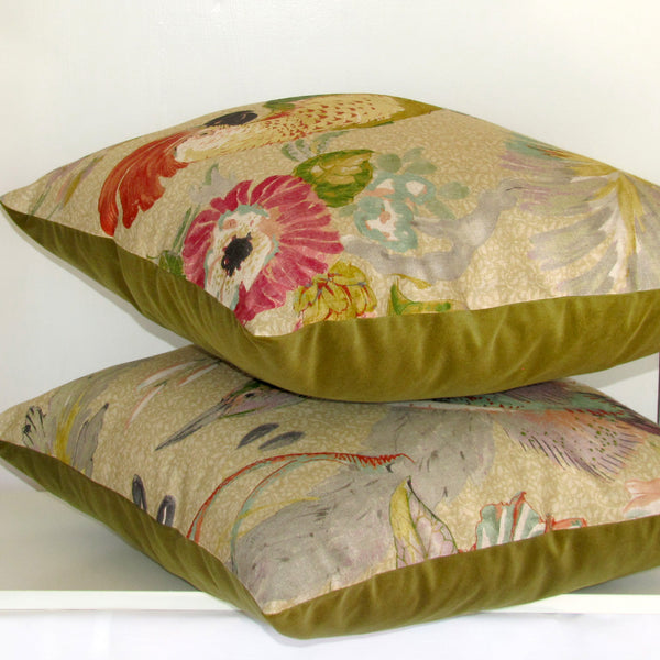 Conservatory bird cushion cover, moss velvet reverse