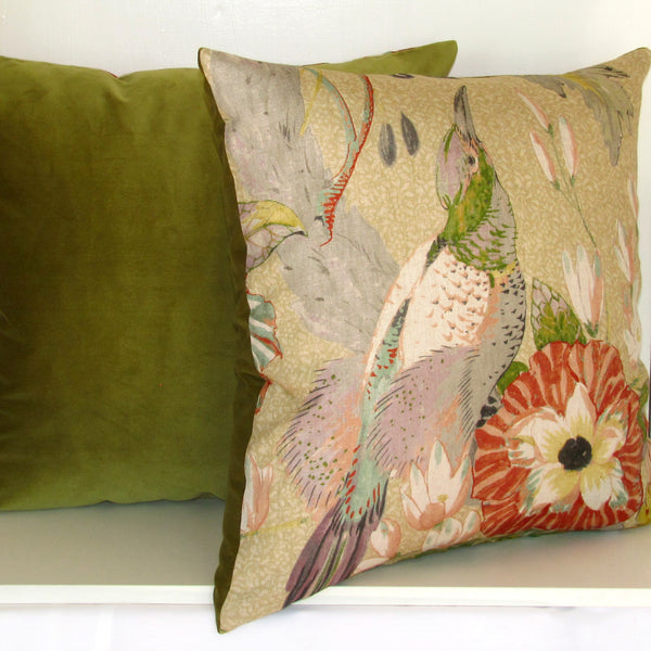 Conservatory bird cushion cover, moss velvet reverse