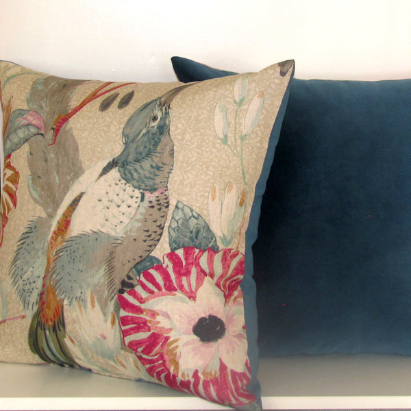 Conservatory bird cushion cover, velvet reverse