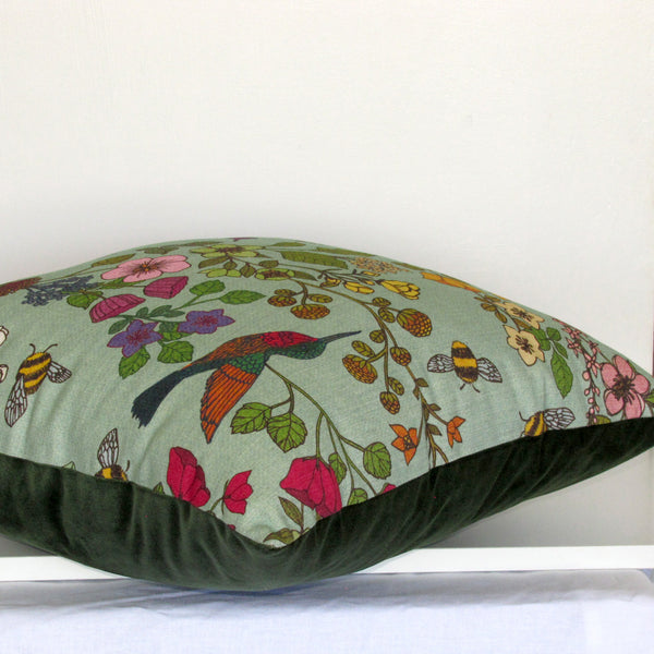 Hummingbird linen & velvet cushion cover