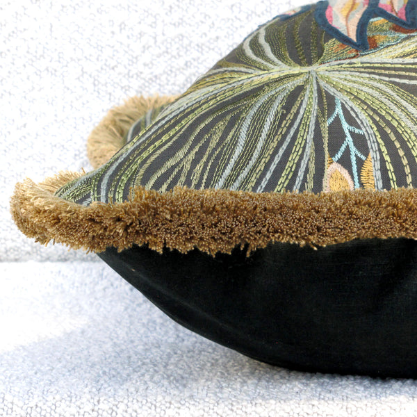 Jungle Room embroidered cushion cover with fringe