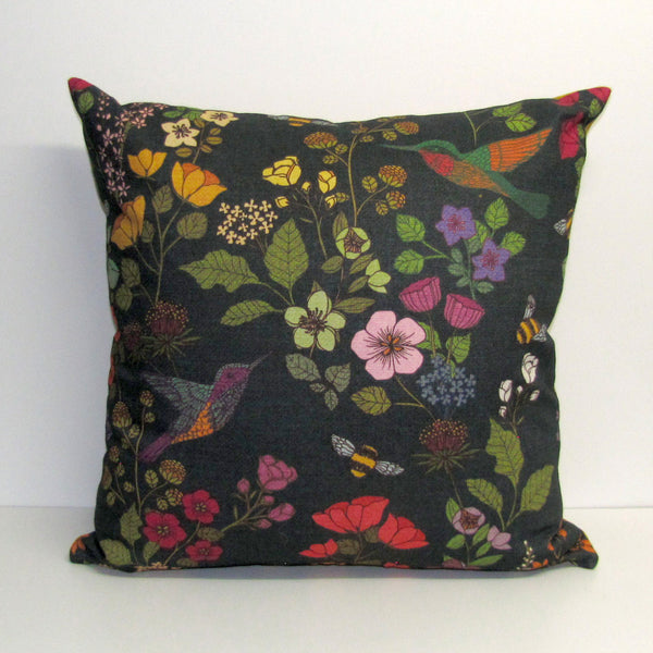 Hummingbird linen & velvet cushion cover, deep blue