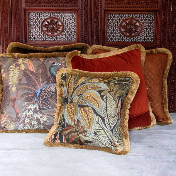 Jungle Room embroidered cushion cover with fringe