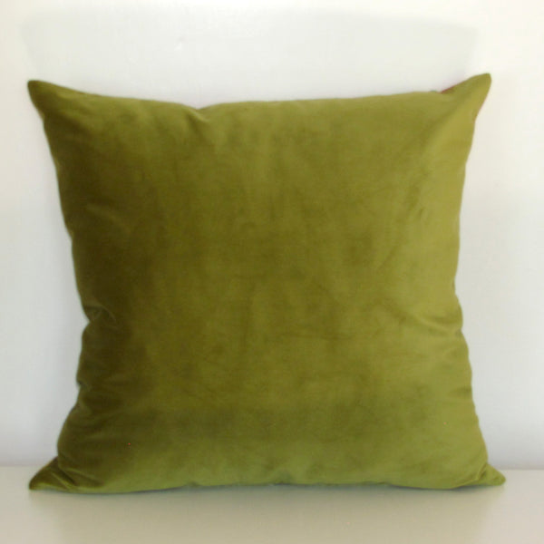Conservatory parrot cushion cover, moss velvet reverse