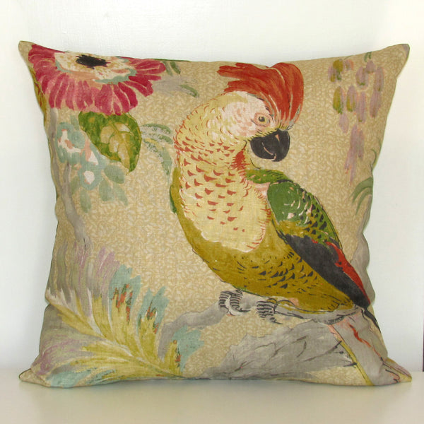 Conservatory parrot cushion cover, moss velvet reverse