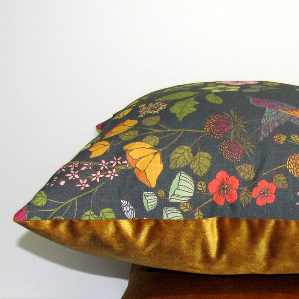 Hummingbird linen & velvet cushion cover, deep blue