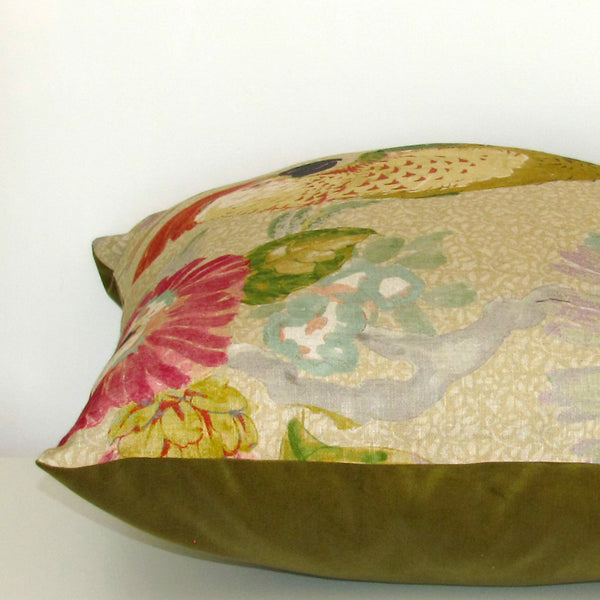 Conservatory parrot cushion cover, moss velvet reverse