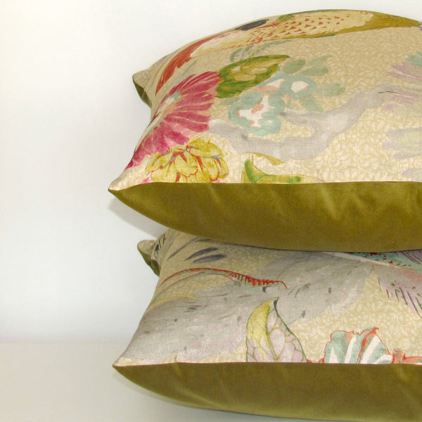 Conservatory parrot cushion cover, moss velvet reverse