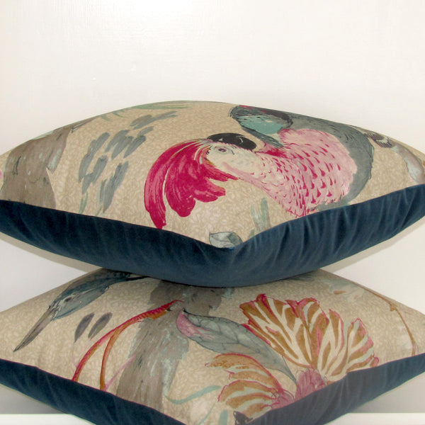 Conservatory parrot cushion cover, velvet reverse