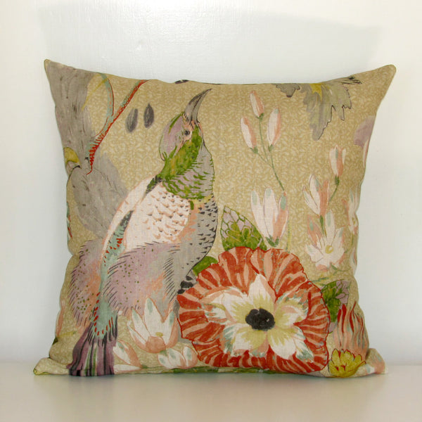 Conservatory bird cushion cover, moss velvet reverse