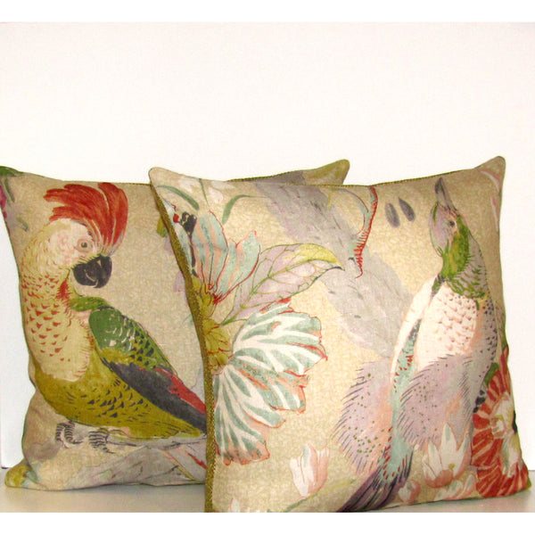 Conservatory parrot cushion cover, moss velvet reverse