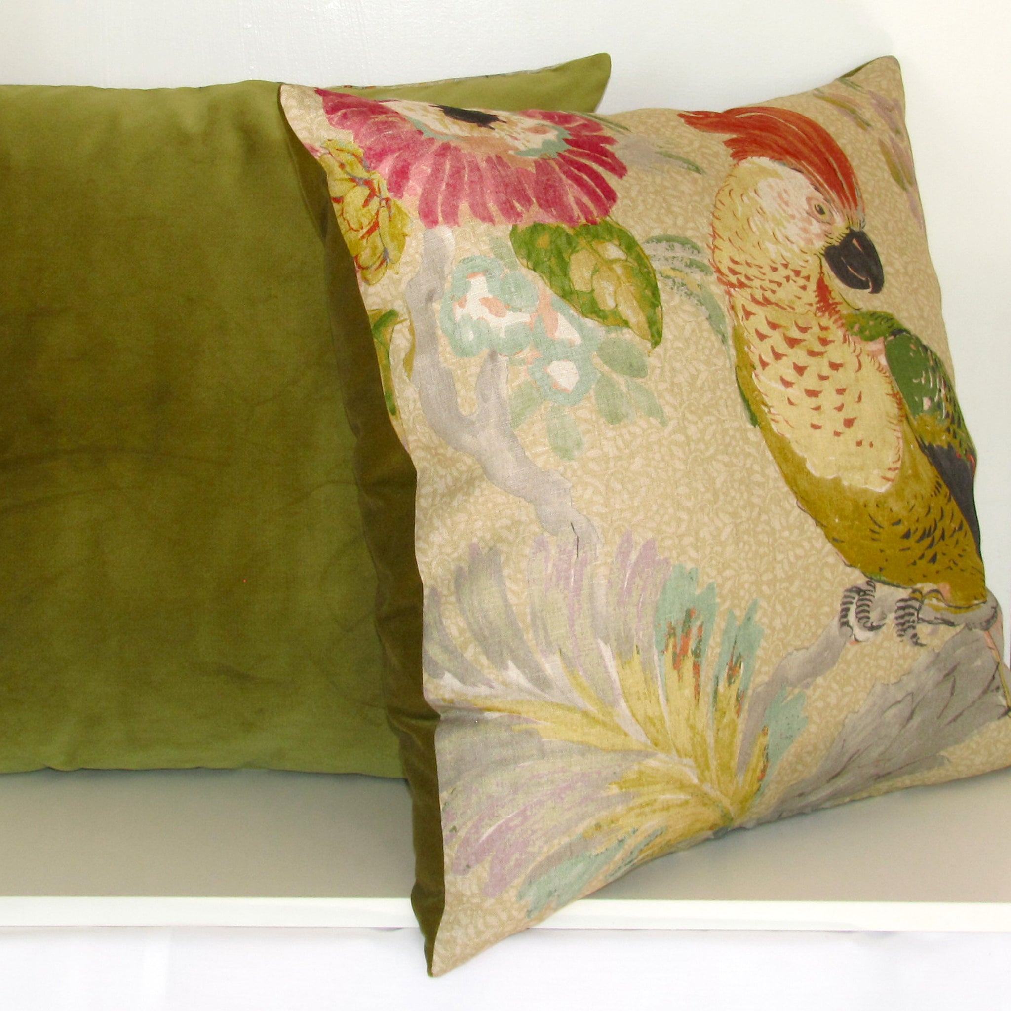 Conservatory parrot cushion cover, moss velvet reverse