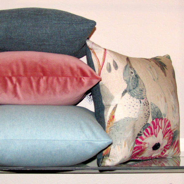 Conservatory bird cushion cover, velvet reverse